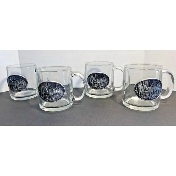 Set Of 4 Heritage Metalworks Fine Pewter Coffee Mugs With Etched Moose. - Picture 1 of 6